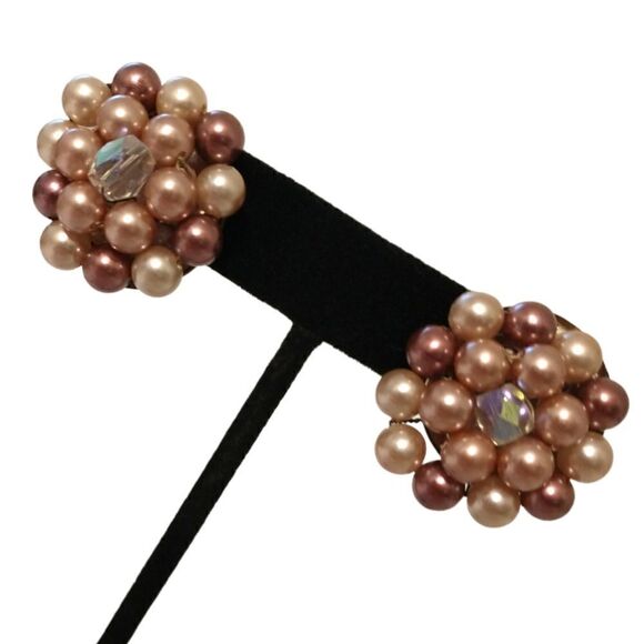 Faux Pearl Cluster Earrings Beaded AB Crystals Clip On Japan MCM Purple Pinks - Picture 10 of 16